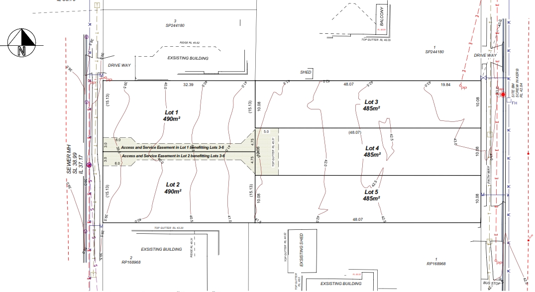 Subdivision services plan showing lot layout, sewer main, easements and service connections